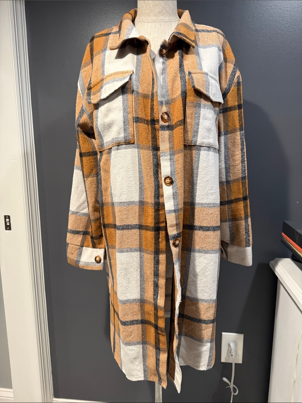 Plaid Shacket Coat in Camel and Cream